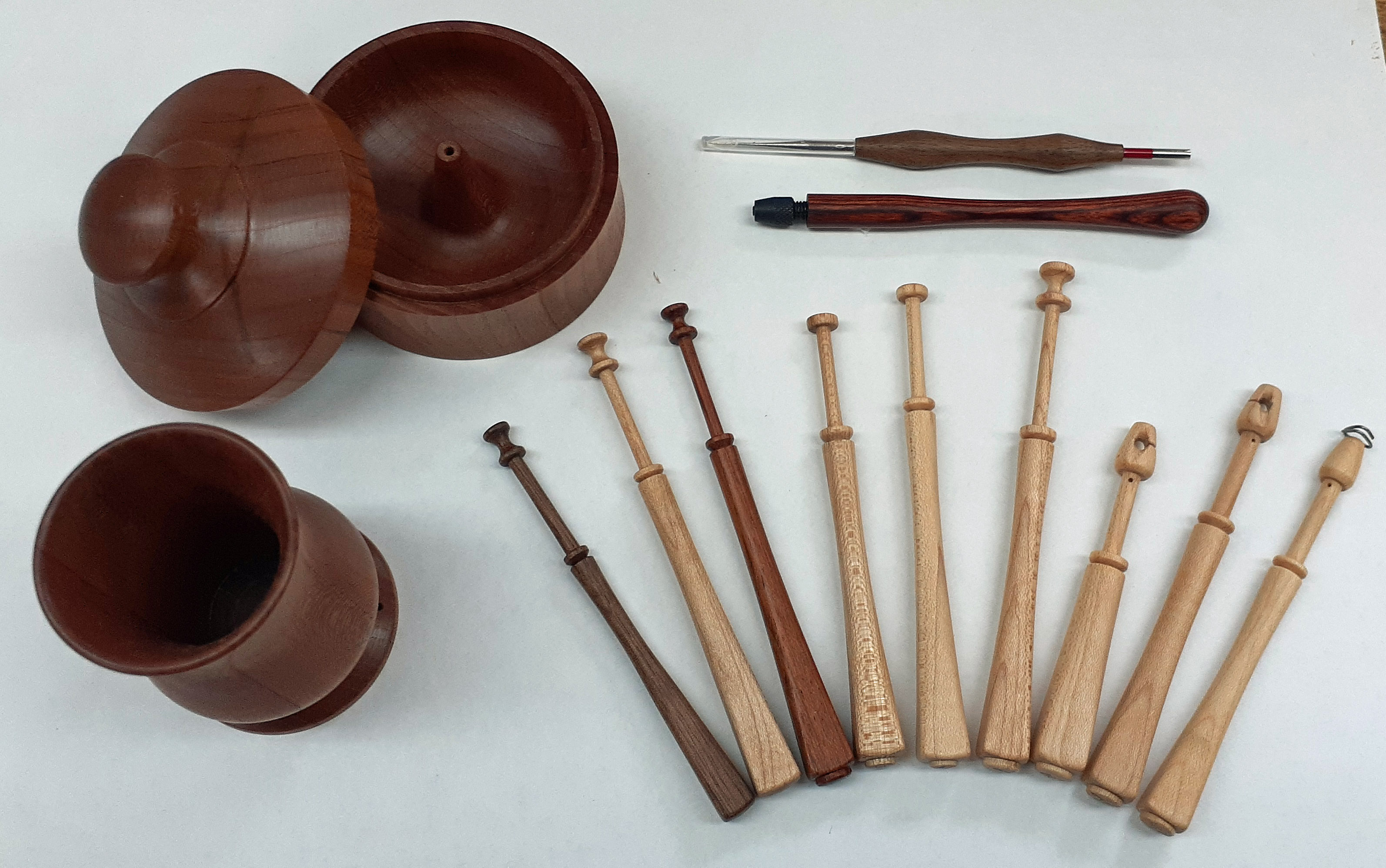 Lacemaker's tools box: cherry, bobbins; various woods